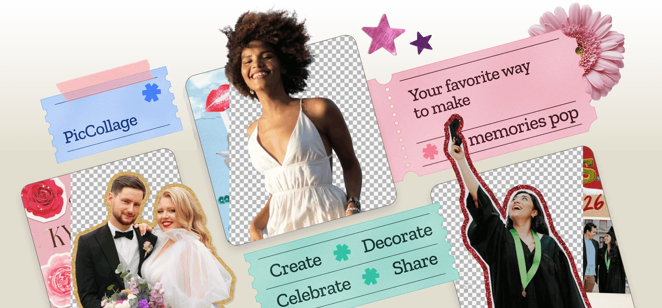 A collage of photos with backgrounds removed using PicCollage's free background remover tool