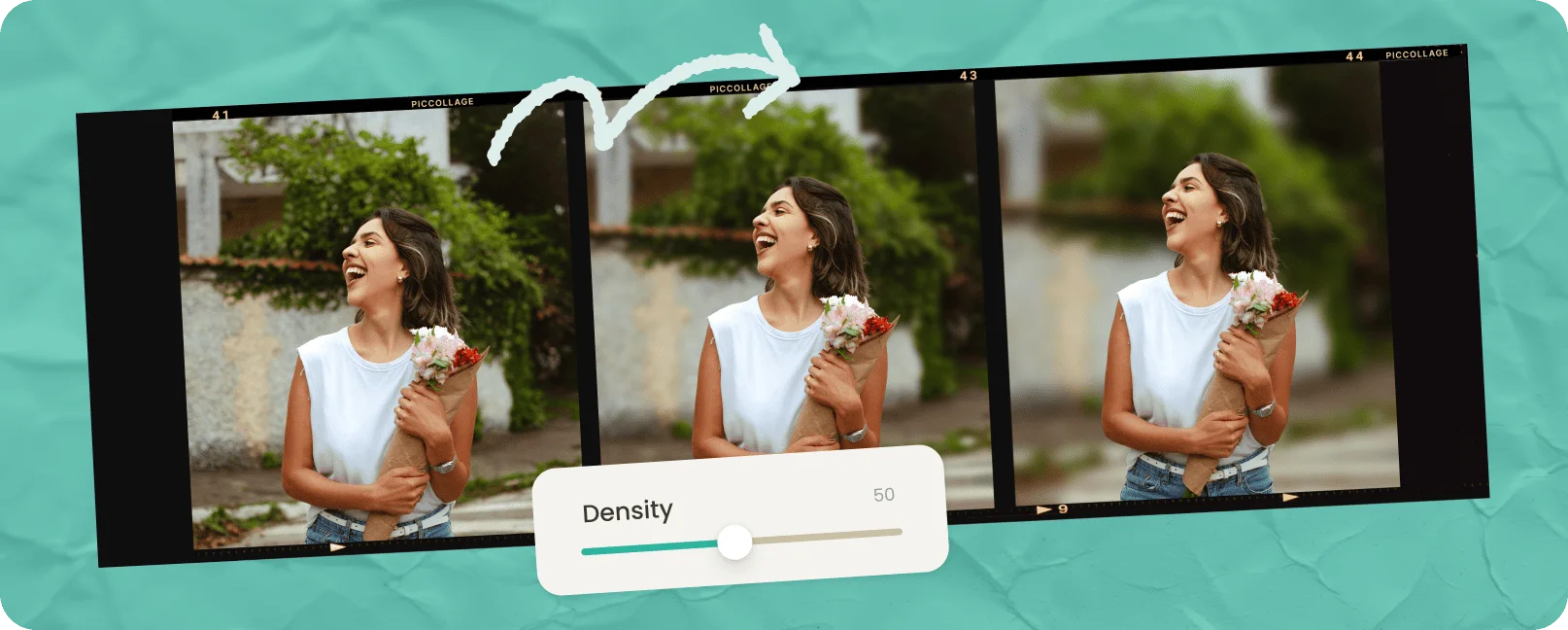 Film strip showing three levels of background blur applied to a photo of a laughing woman holding flowers, with a density slider control